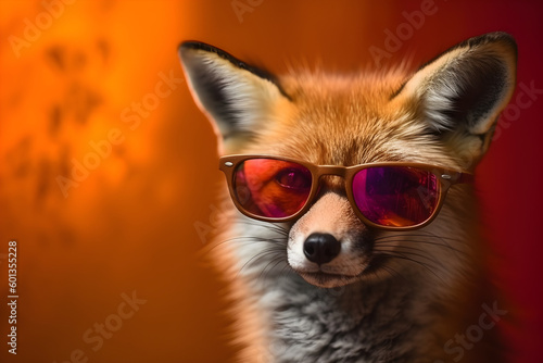 Funny fox wearing sunglasses in studio with a colorful and bright background. Generative AI