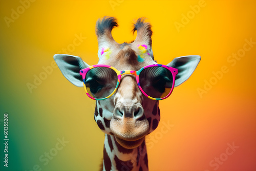 Funny giraffe wearing sunglasses in studio with a colorful and bright background. Generative AI photo