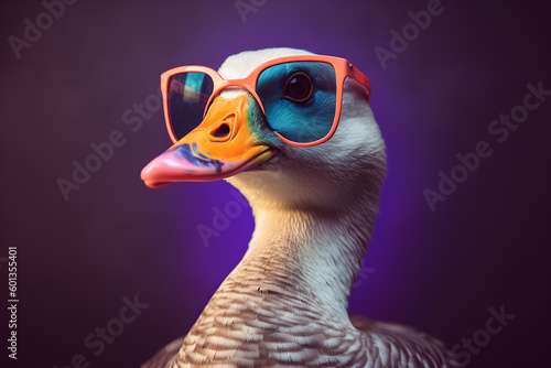 Funny goose wearing sunglasses in studio with a colorful and bright background. Generative AI © Mihai Zaharia