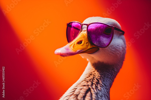 Print op canvas Funny goose wearing sunglasses in studio with a colorful and bright background