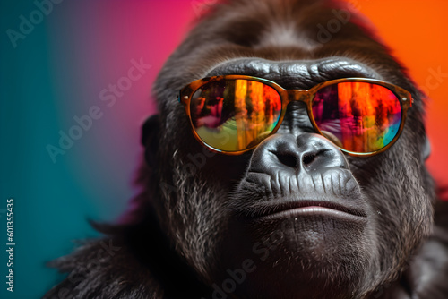Funny gorilla wearing sunglasses in studio with a colorful and bright background. Generative AI
