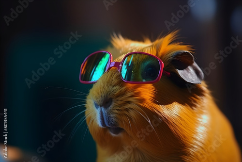 Funny guinea pig wearing sunglasses in studio with a colorful and bright background. Generative AI