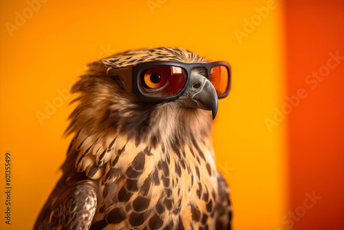 Funny hawk wearing sunglasses in studio with a colorful and bright background. Generative AI