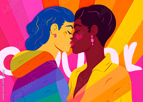 Two women in love kissing. Lesbian, homosexual, pride concept. Generative Ai illustration