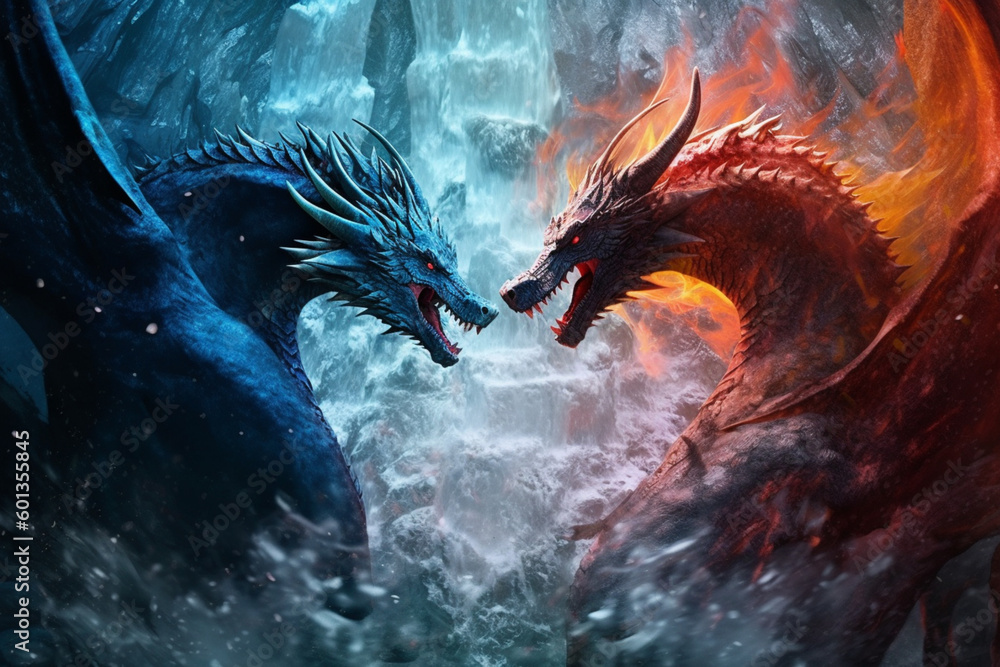 Two huge dragons ice and fire fighting in the underground cave. Dancing