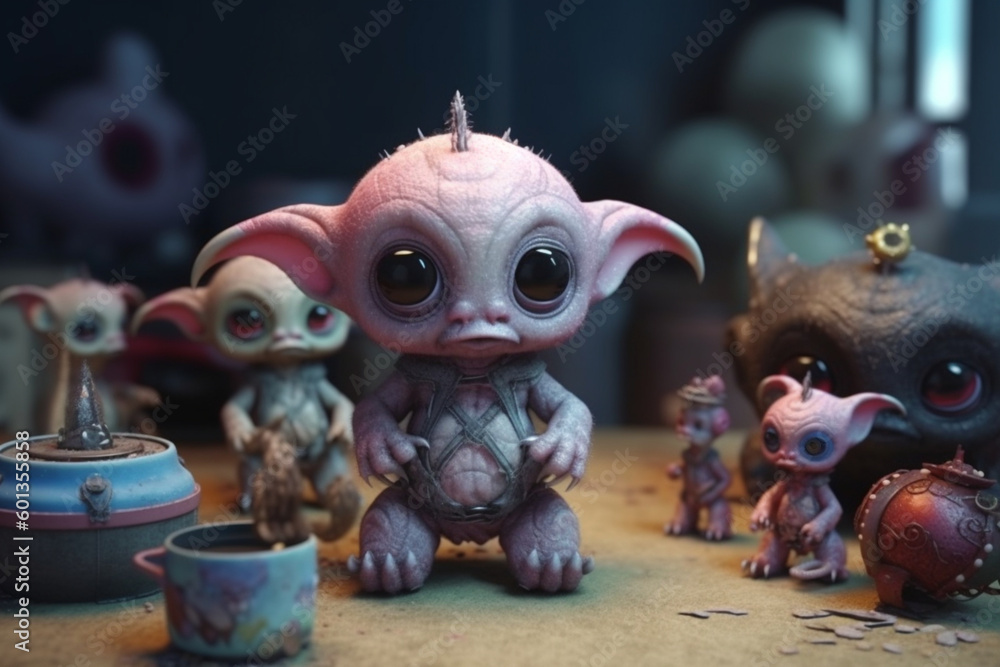 A scene from an alien monster kindergarten. A group of colorful baby monsters gathered around an adult alien monster. Generative AI illustration A scene from an alien monster kindergarten. A group of colorful baby monsters gathered around an adult alien monster. Generative AI illustration