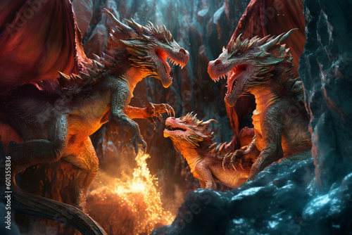 Two huge dragons ice and fire fighting in the underground cave. Dancing with wings in the air. Generative AI illustration 