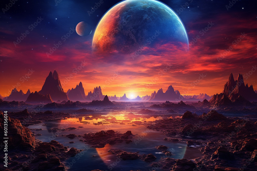 Unreal landscape from a different planet. Red and black desert at night with moon in the sky. Generative AI illustration
