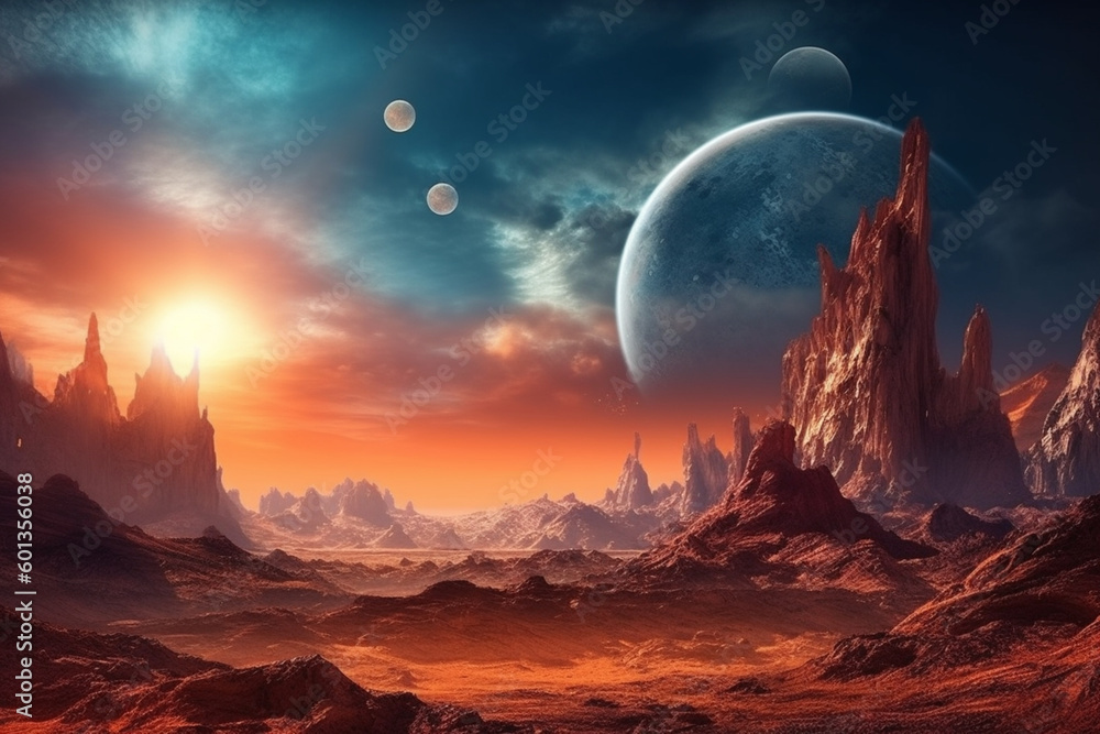 Unreal landscape from a different planet. Red and black desert at night with moon in the sky. Generative AI illustration
