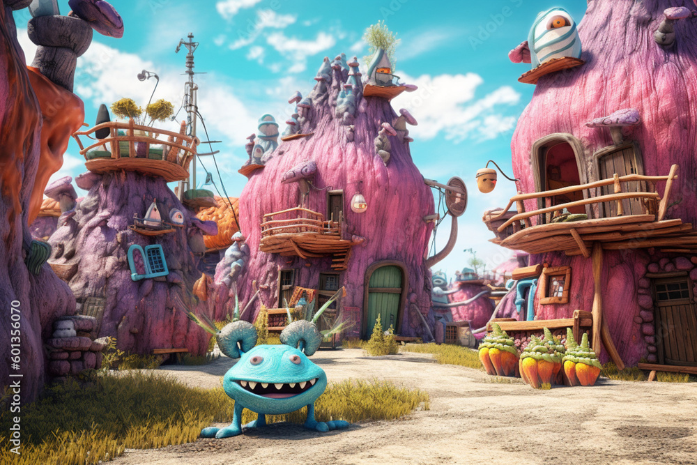 Fantasy fairytale alien monster village. Colorful monster alien houses, fantasy amazing design. generative AI illustration	