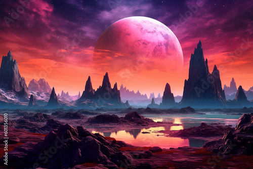 Unreal landscape from a different planet. Red and black desert at night with moon in the sky. Generative AI illustration 