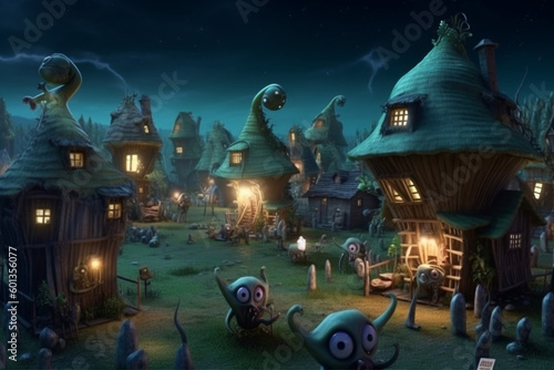 Fantasy fairytale alien monster village at night. Colorful monster alien houses, fantasy amazing design. generative AI illustration 