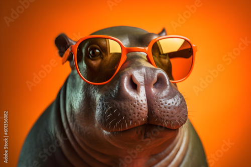 Funny hippopotamus wearing sunglasses in studio with a colorful and bright background. Generative AI