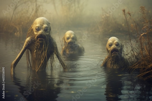 Post-apocalyptic world ruled by aliens. Futuristic fantasy. Horrible alien monsters invaded our planet. In the park, in the swamp with fog. Alien landscape. Generative AI illustration	

