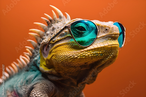 Funny iguana wearing sunglasses in studio with a colorful and bright background. Generative AI photo