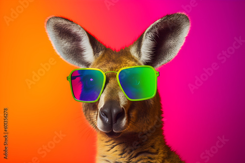 Funny kangaroo wearing sunglasses in studio with a colorful and bright background. Generative AI