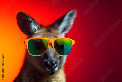 Funny kangaroo wearing sunglasses in studio with a colorful and bright background. Generative AI