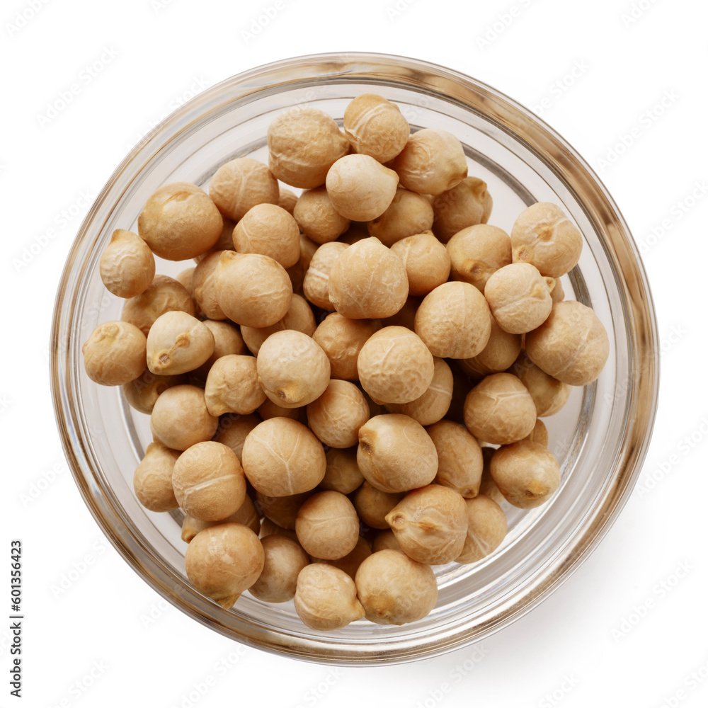 chickpeas in a glass transparent bowl closeup isolated on white background chickpeas in a glass transparent bowl closeup isolated on white background