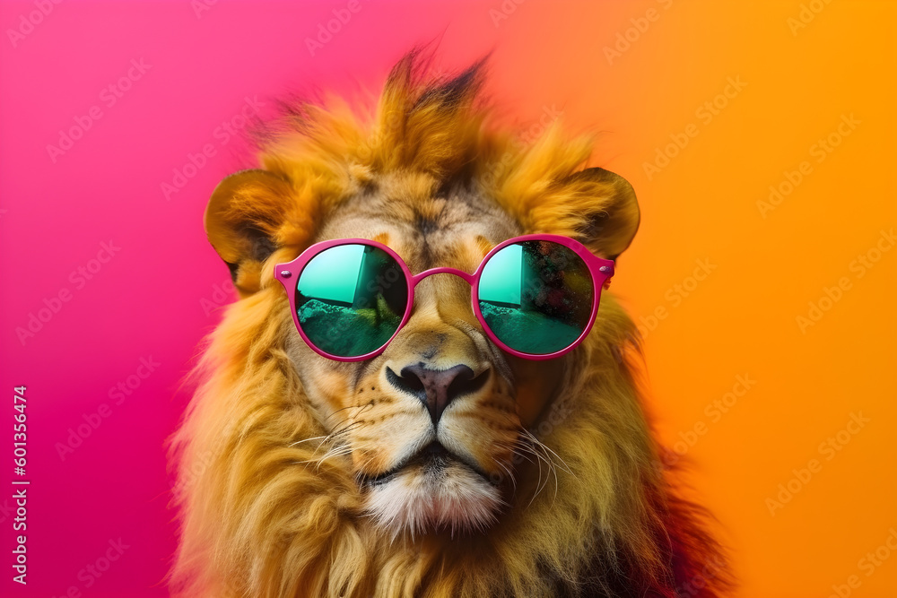 Funny lion wearing sunglasses in studio with a colorful and bright background. Generative AI - obrazy, fototapety, plakaty 