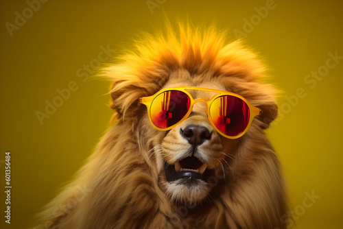 Funny lion wearing sunglasses in studio with a colorful and bright background. Generative AI © Mihai Zaharia