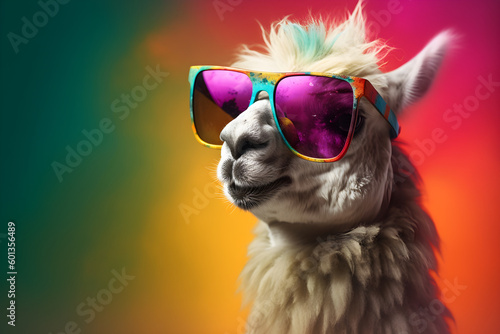 Funny llama wearing sunglasses in studio with a colorful and bright background. Generative AI © Mihai Zaharia