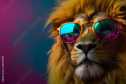 Funny lion wearing sunglasses in studio with a colorful and bright background. Generative AI © Mihai Zaharia