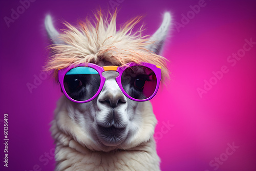 Funny llama wearing sunglasses in studio with a colorful and bright background. Generative AI photo