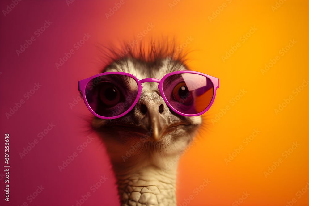 Funny ostrich wearing sunglasses in studio with a colorful and bright  background. Generative AI Stock Illustration