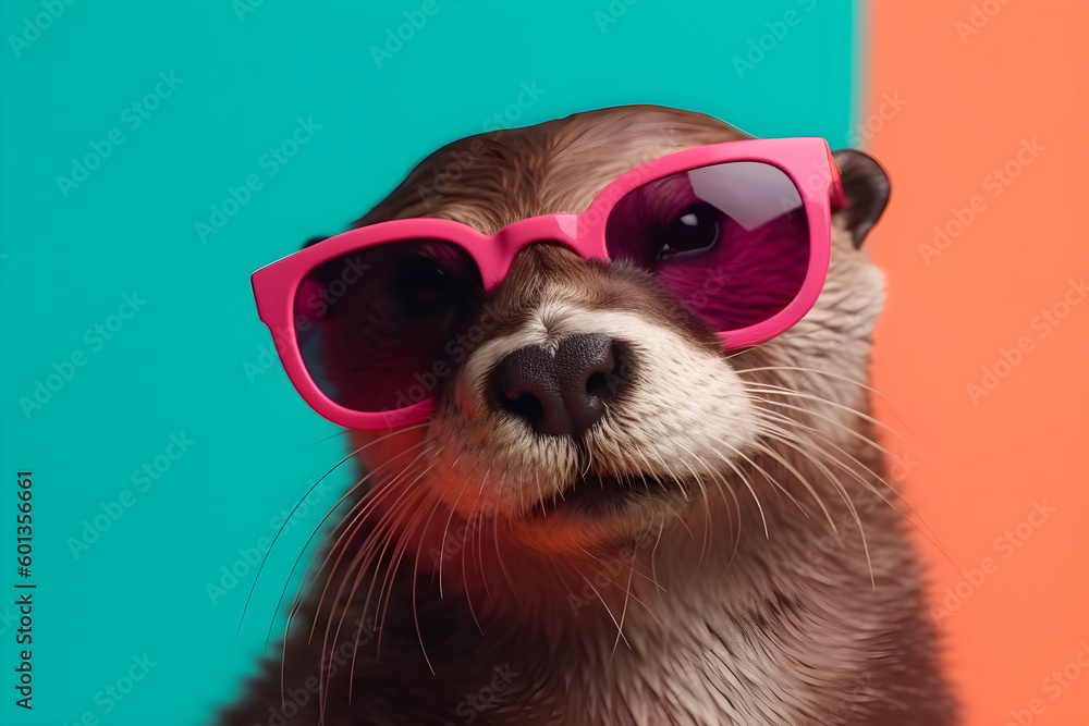 Funny otter wearing sunglasses in studio with a colorful and bright