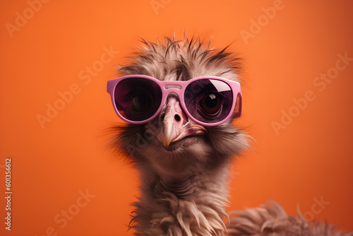 Funny ostrich wearing sunglasses in studio with a colorful and bright background. Generative AI