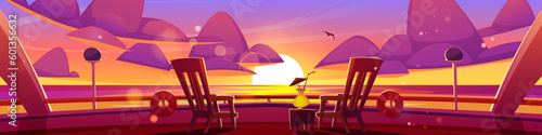 Sunset sea view from cruise ship deck vector cartoon background. Yacht railing with chair and cocktail on terrace in summer ocean under purple and orange evening sky. Luxury embankment to relax