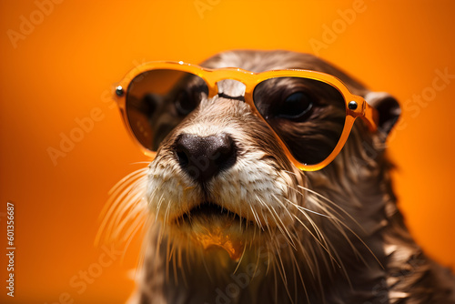 Funny otter wearing sunglasses in studio with a colorful and bright background. Generative AI