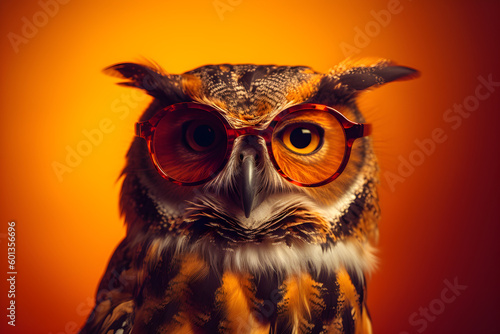 Funny owl wearing sunglasses in studio with a colorful and bright background. Generative AI photo