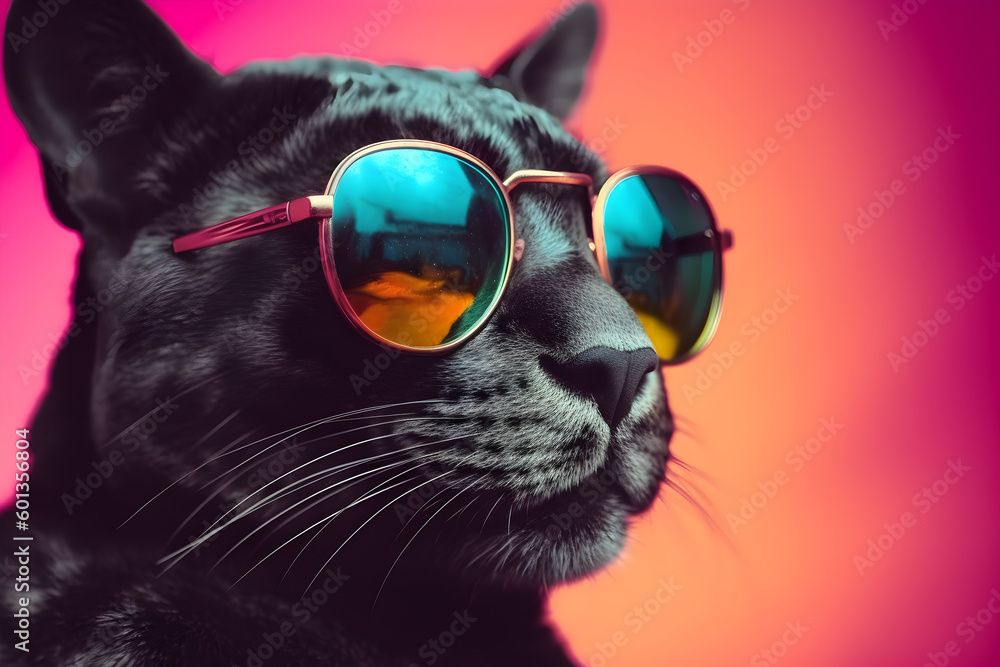 Funny panther wearing sunglasses in studio with a colorful and bright background. Generative AI Funny panther wearing sunglasses in studio with a colorful and bright background. Generative AI