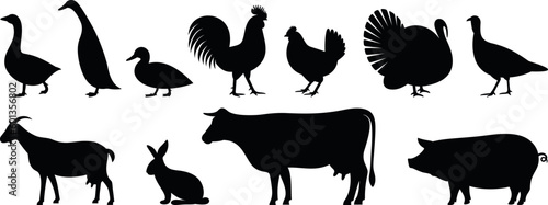 Farm animals silhouette. Isolated farm animals on white background