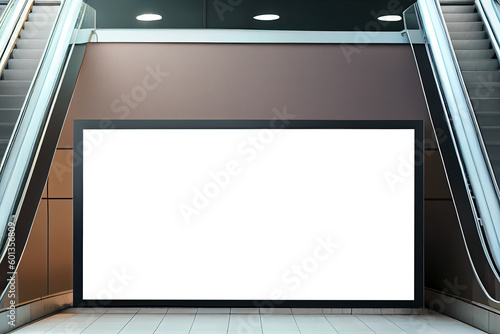 ilustration  White billboard mockup near to escalator in an shopping center  Generative AI