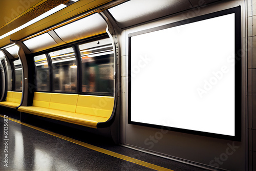 Interior of modern subway train with white information billboard, Generative AI