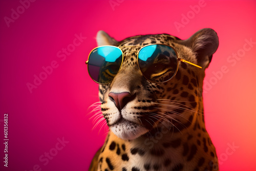 Funny panther wearing sunglasses in studio with a colorful and bright background. Generative AI © Mihai Zaharia