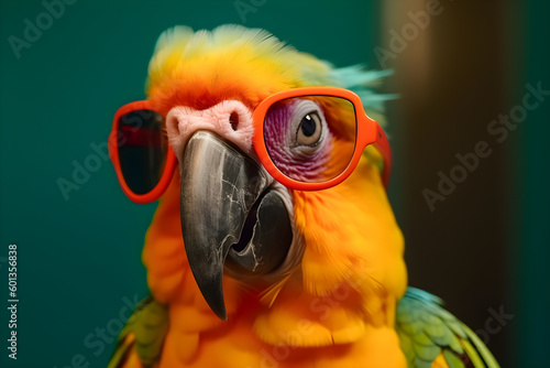 Funny colorful parrot wearing sunglasses in studio with a colorful and bright background. Generative AI
