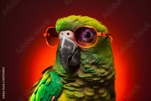 Funny colorful parrot wearing sunglasses in studio with a colorful and bright background. Generative AI
