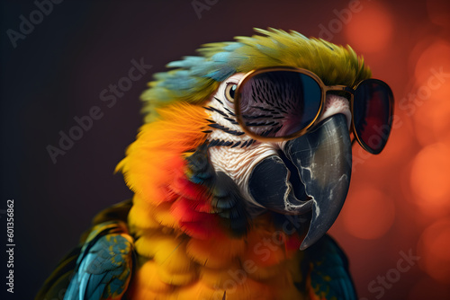 Funny colorful parrot wearing sunglasses in studio with a colorful and bright background. Generative AI