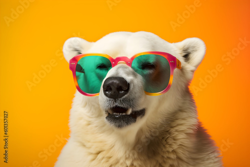 Funny polar bear wearing sunglasses in studio with a colorful and bright background. Generative AI © Mihai Zaharia