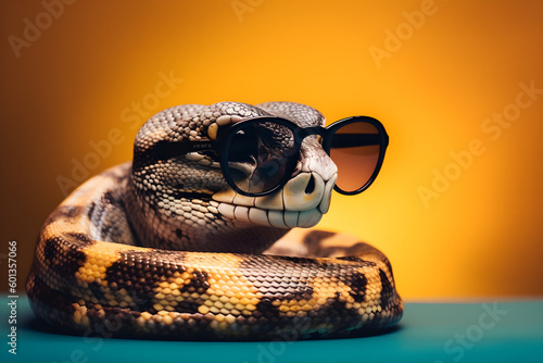 Funny python wearing sunglasses in studio with a colorful and bright background. Generative AI photo