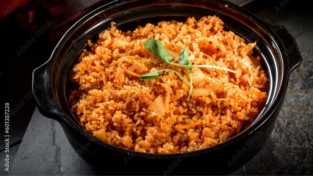 Flavorful Fusion: Tempting Close-up of Fried Rice with Spicy Kimchi Flavorful Fusion: Tempting Close-up of Fried Rice with Spicy Kimchi