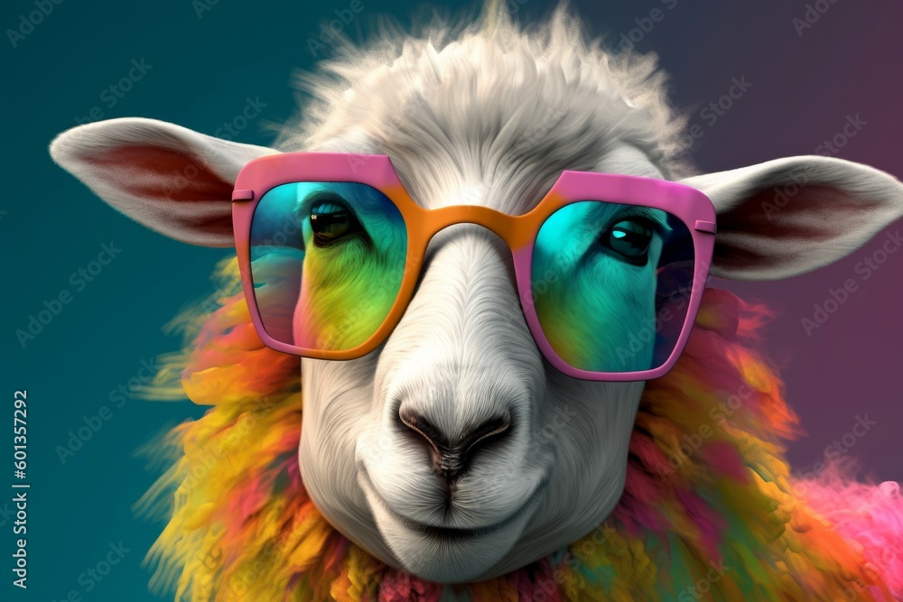 Sheep colorful glasses. Generate AI Sheep colorful glasses. Generate AI