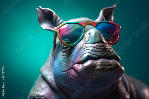 Funny rhinoceros wearing sunglasses in studio with a colorful and bright background. Generative AI © Mihai Zaharia