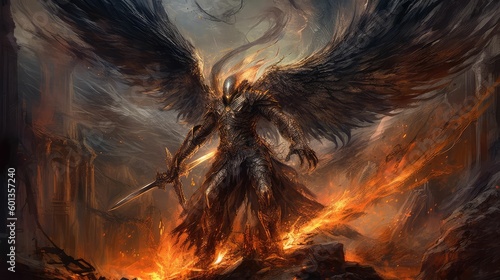 The Fallen Angel of Death - Lucifer with Glowing Fire Wings  Brought to Life by Generative AI