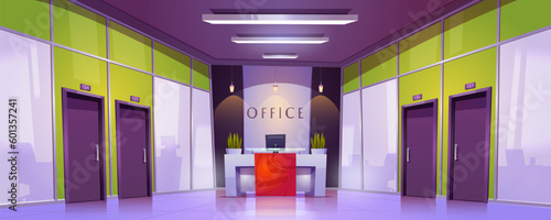 Office corridor interior with reception cartoon vector background. Modern company hallway in building with cabinet door. Indoor lobby area design with glass window in coworking panoramic view