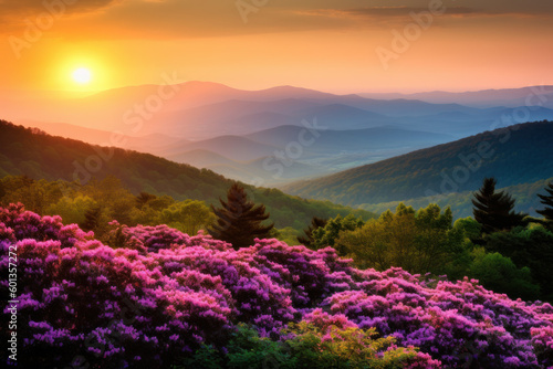 beautiful sunset landscape with mountains and flowers. generative ai