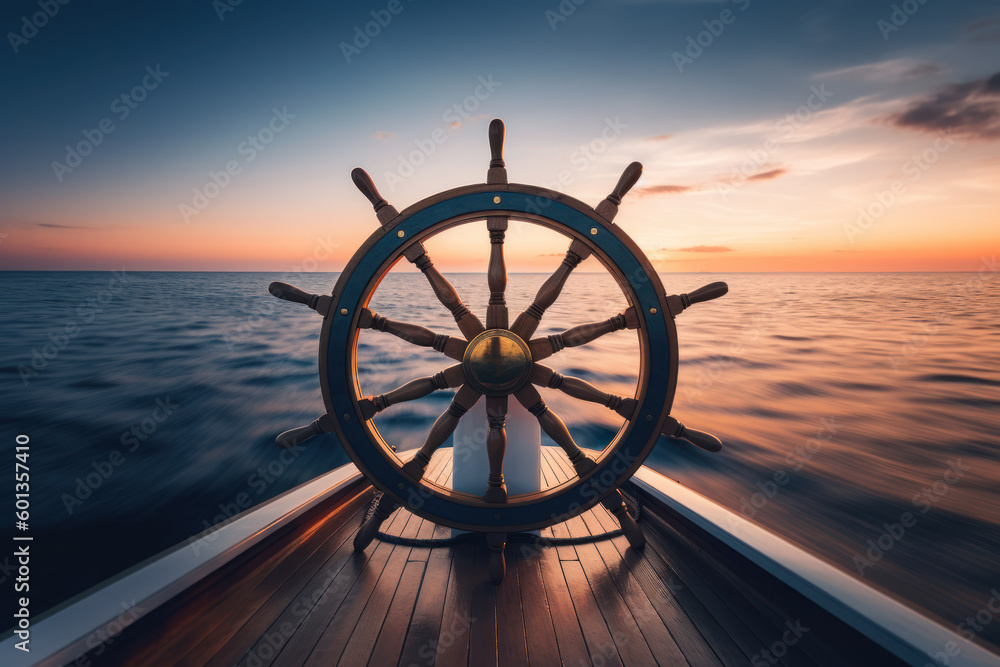 ship wheel on boat with sea and sky. freedom and adventure. direction concept. generative ai - obrazy, fototapety, plakaty 